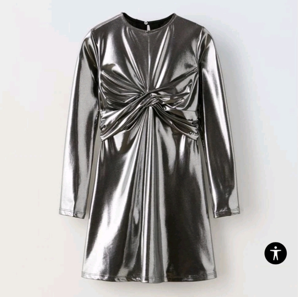 ZARA Kids Metallic Silver Twist Front Dress – Size 6 (116 cm)